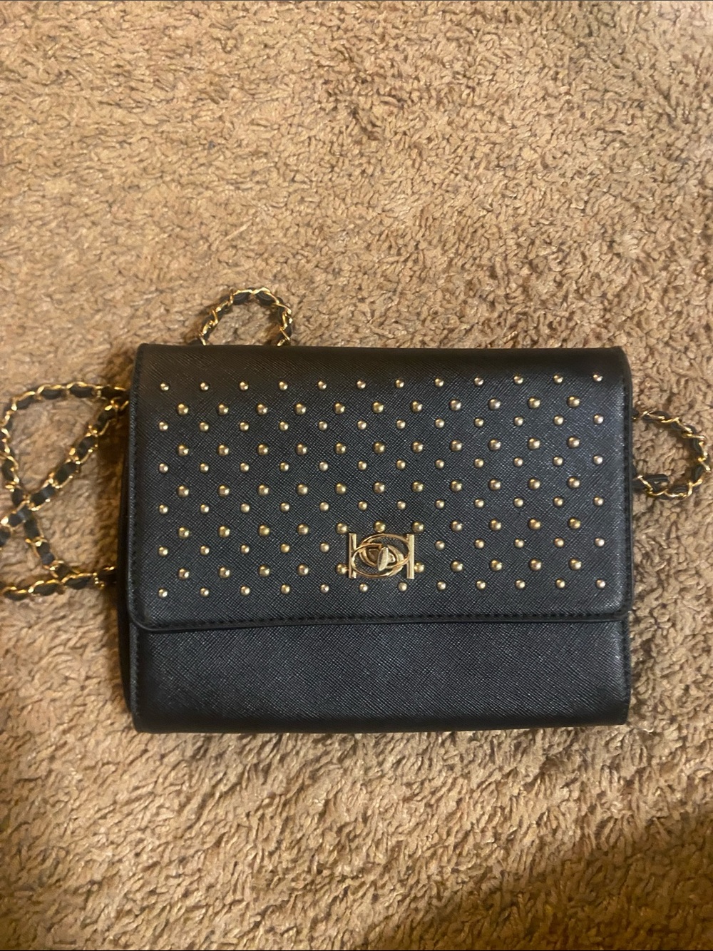 bebe Black Studded Crossbody with Gold Chain